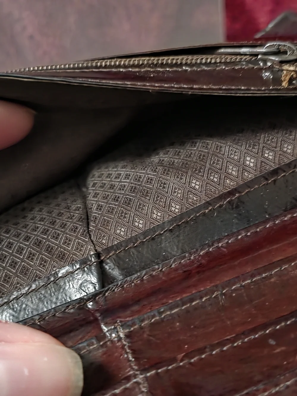 Vintage 1980s Genuine Eel Skin Checkbook Wallet Clutch Made in Korea Burgundy